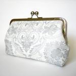 Kisslock Clutch Frame Silk Lined Silver And White..