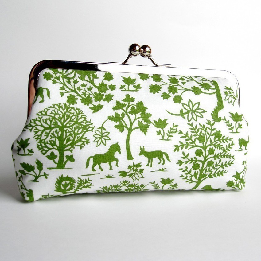 Kisslock Clutch Silk Lined Green And White Silhouette Forest Frame