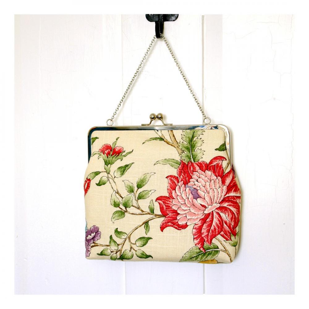 Silk Lined Linen Floral Tote Frame Kisslock Clutch