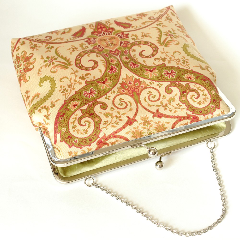 Kisslock Clutch Tote Frame Purse Damask Lined In Silk