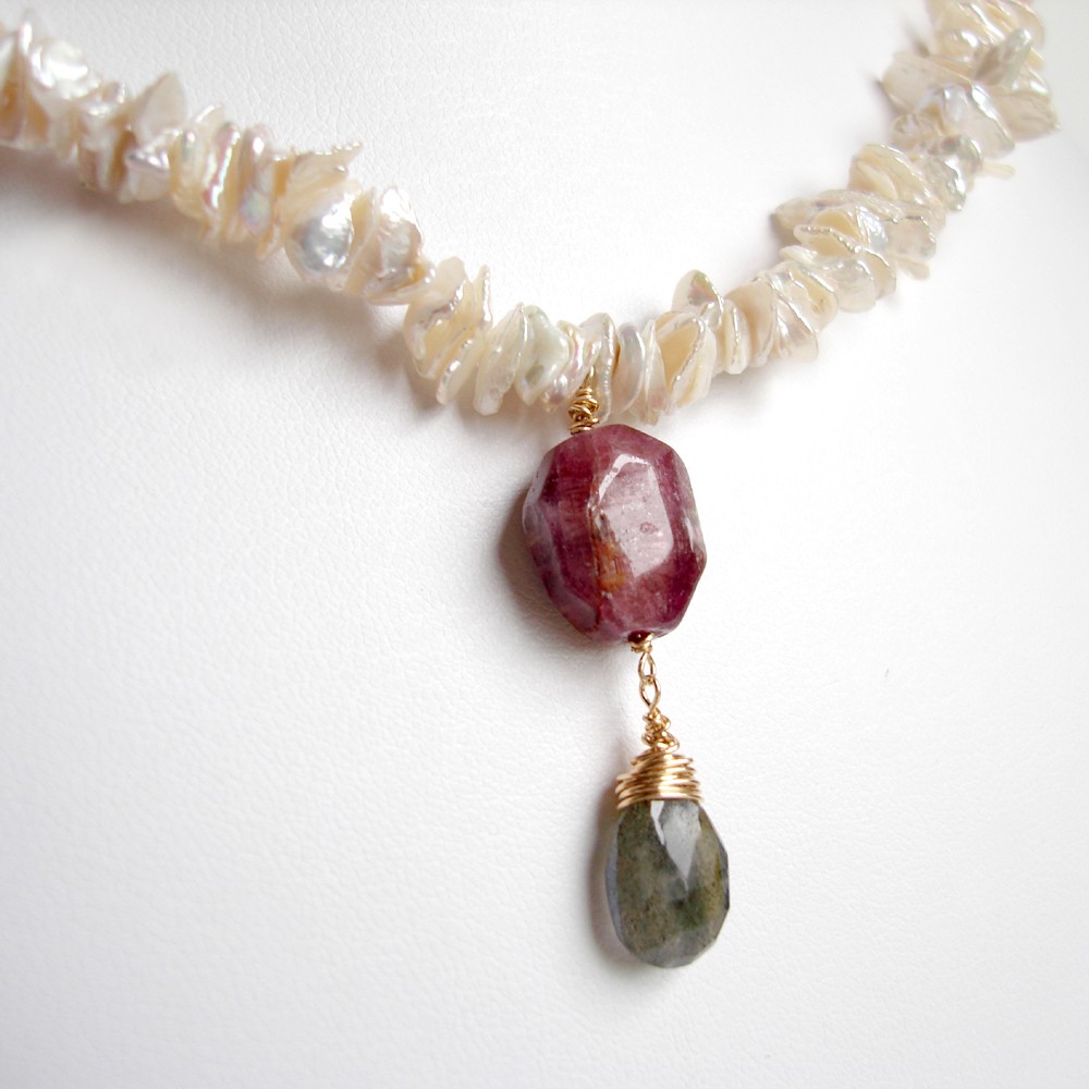 D E V O N Necklace Tourmaline Labradorite And Pearl In Gold OOAK On D E V O N Necklace Tourmaline Labradorite And Pearl In Gold OOAK On