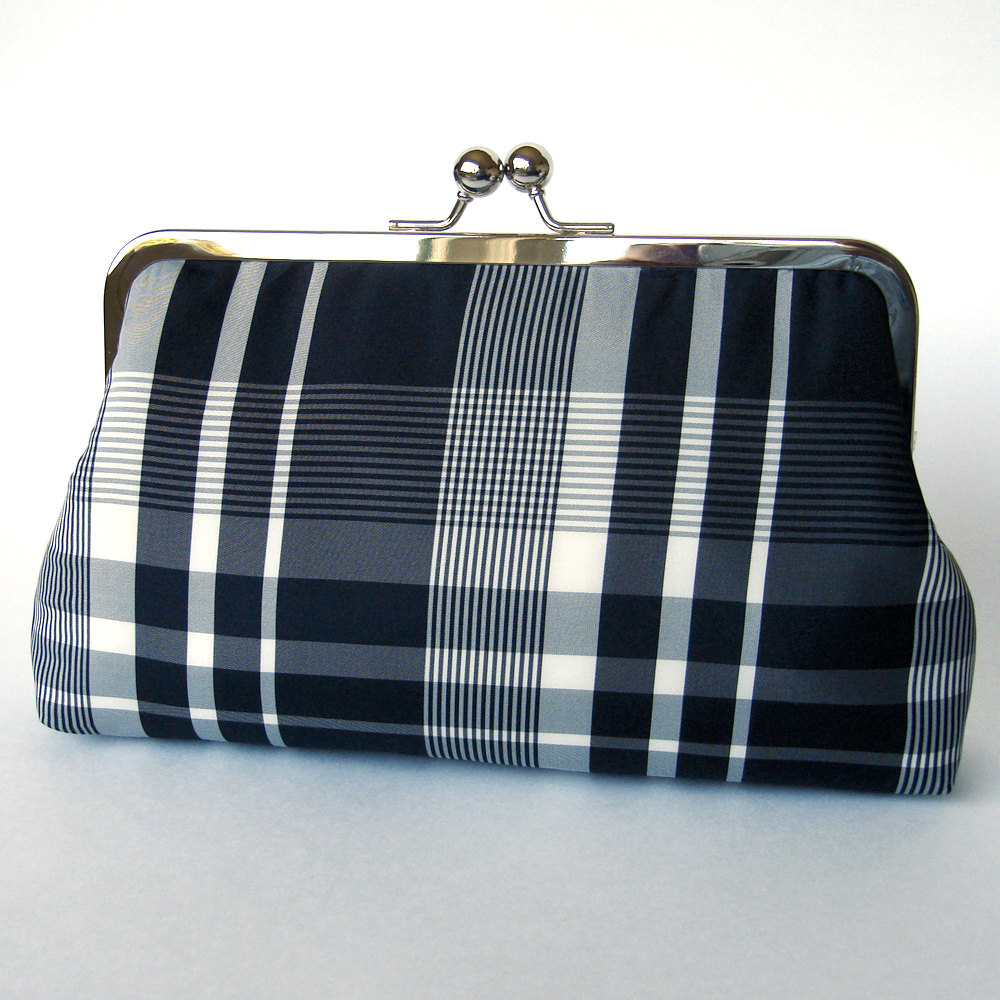 Clutch Frame Kisslock Purse Silk Lined Black Plaid on Luulla